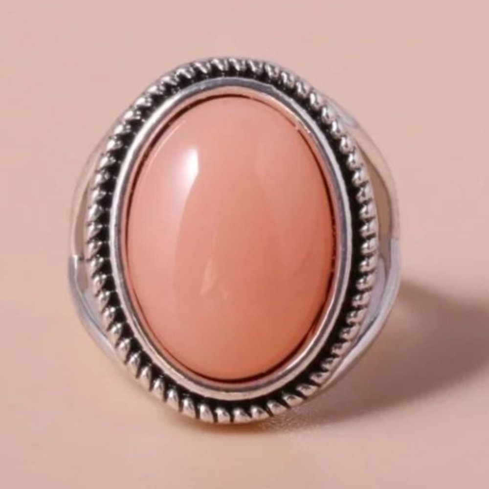 Boho Pink Oval Antiqued Silver Ring